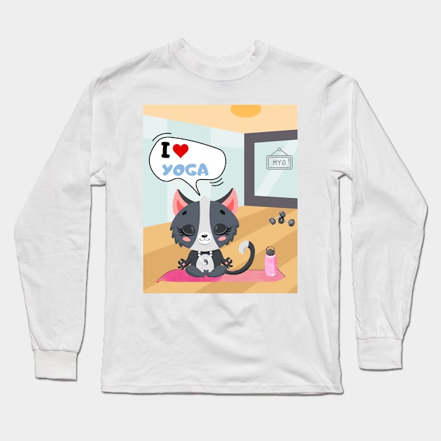 Cat doing yoga in the gym Long Sleeve T-Shirt by Studio468